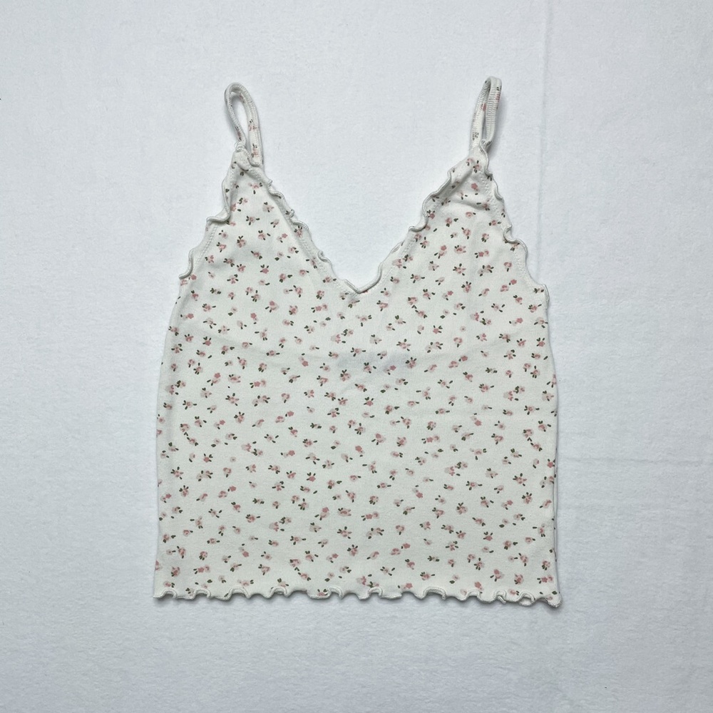 BNWOT Brandy Melville White Nicolette Floral Lettuce Edge Tank Top Cream Pink